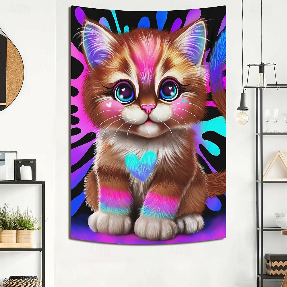 Sheena Pike Černé světlo Gobelín Svítící ve tmě Svítící párty UV reaktivní Trippy Hazy Visící Gobelín Nástěnné umění Mural pro obývací pokoj Ložnici Malá Kočka 2025 - $16.99 –P4