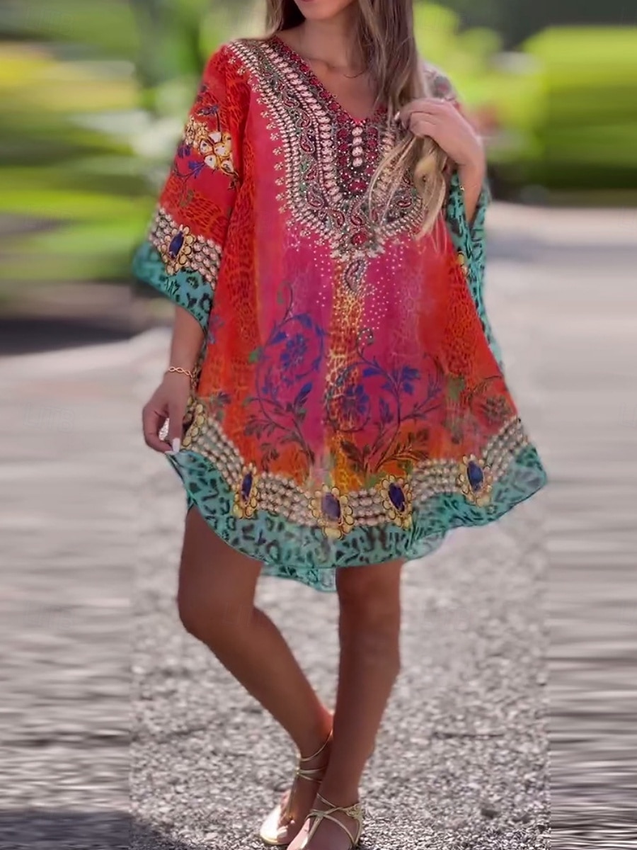 Women's Mini Dress A Line Dress Casual Boho Daily Holiday Beach Regular Fit Graphic 3/4 Length Sleeve V Neck Red Blue Green Summer Spring 2025 - $41.99 –P1