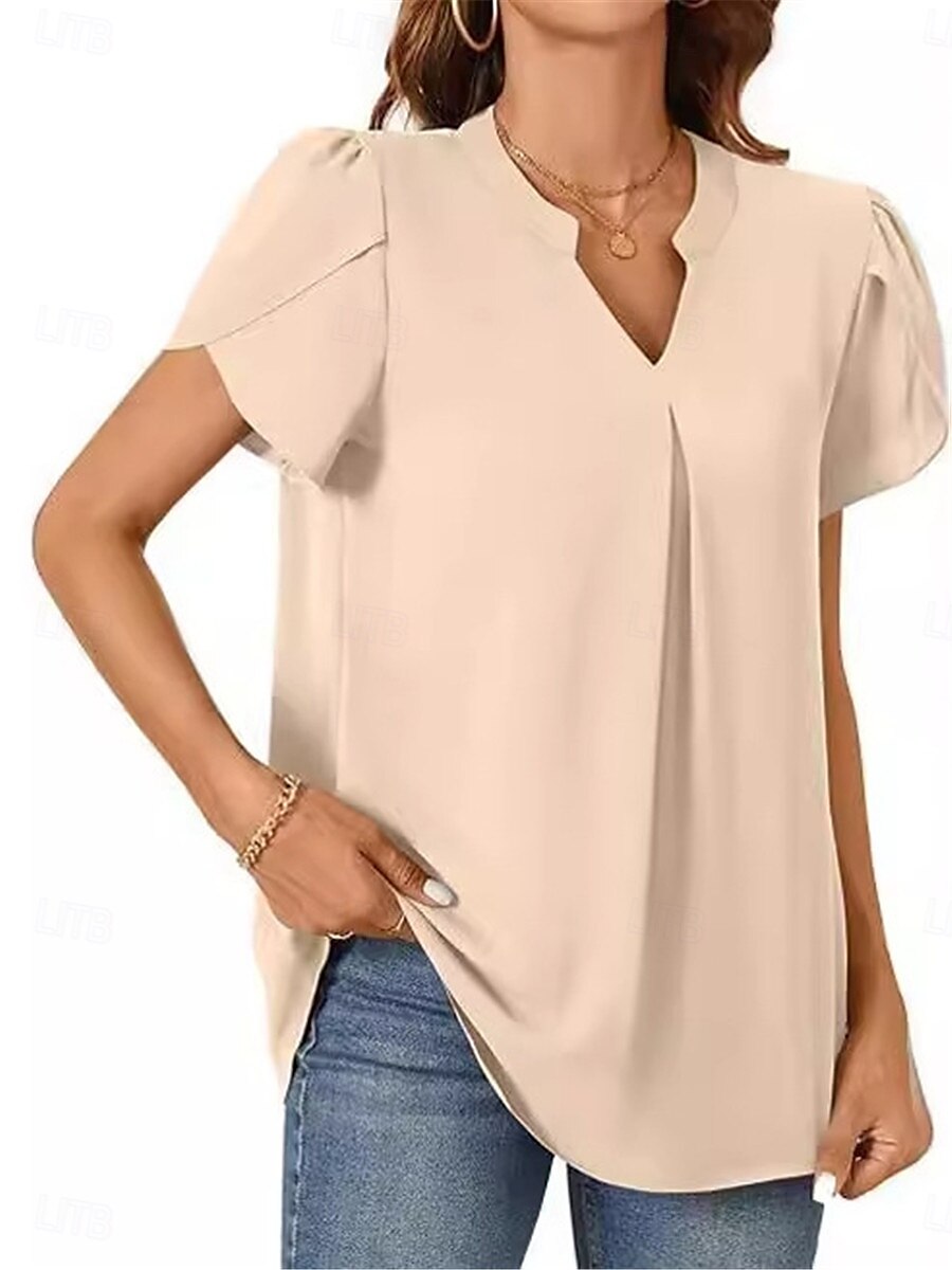 Femmes Chemisier Couleur Unie Élégant Basique Occasionnel Manche Courte Col en V Hauts Réguliers Quotidien Noir Blanche Bleu Vert Abricot Été de 2025 ? $19.99 –P4