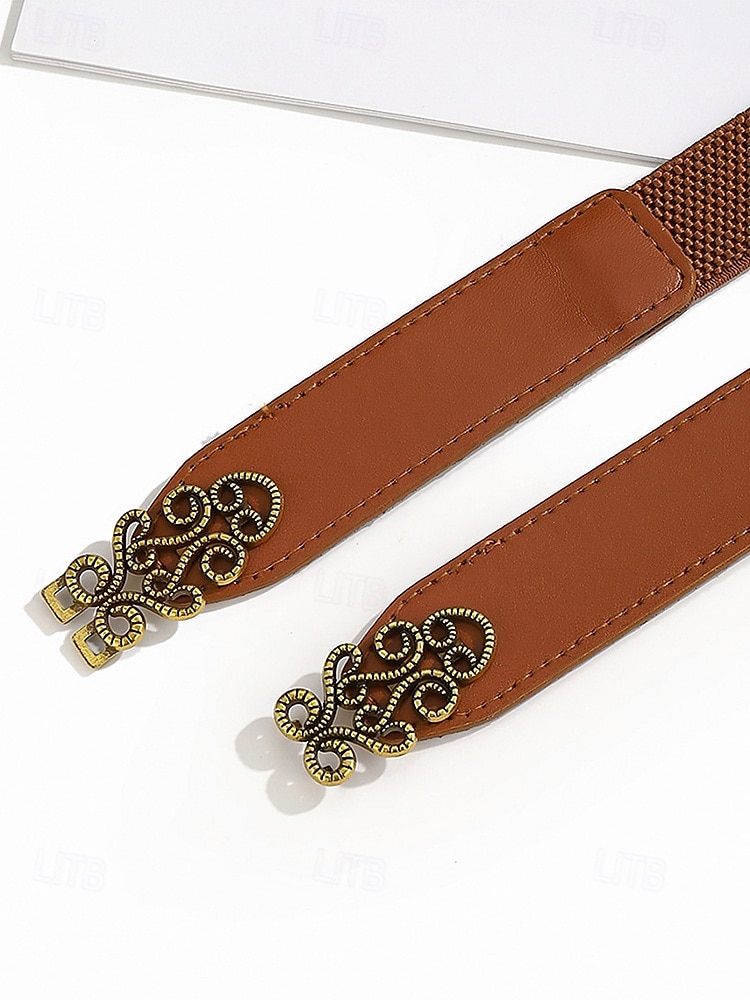 Women's Vintage Elastic Waist Belt with Bronze Scroll Buckle – Faux Leather Cinch Belt for Dresses and Blouses, Elegant Style for Daily Wear and Formal Occasions 2025 - $7.99 –P7