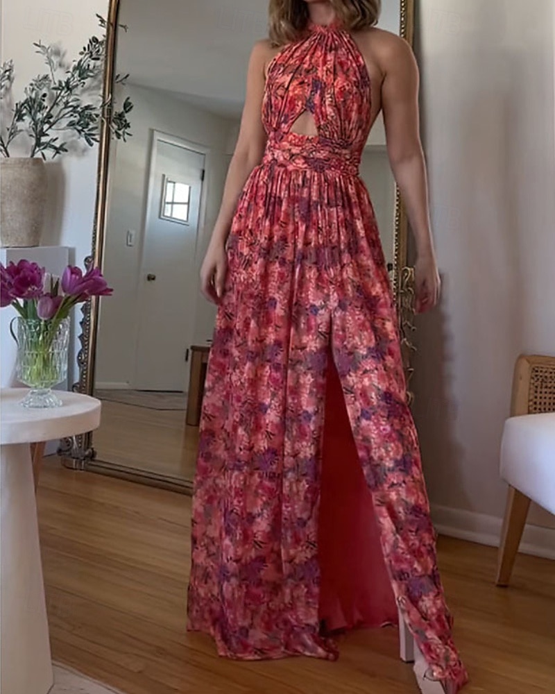 Per donna Abito Lungo Maxi Abito Vestito Casual Abito Floreale Moda Abito elegante All'aperto Feste Ferie Vestibilità regolare Fiore Senza Maniche All'americana Rosso Estate del 2025 a $35.99 –P1