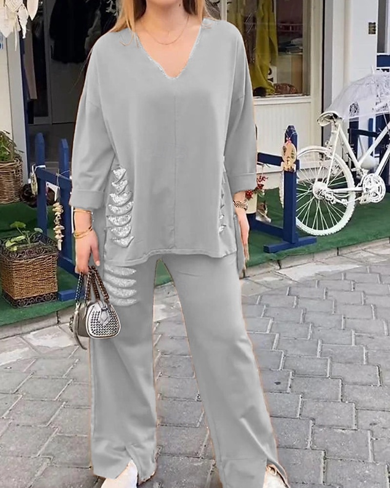 Pentru femei Activ Modă Cămăși Bumbac In Bluză Seturi de pantaloni Manșon Lung În V Culoare solidă Paiete Vacanță Casul / Zilnic Negru Alb Roșu-aprins Vară Fit regulat 2025 - $34.99 –P5