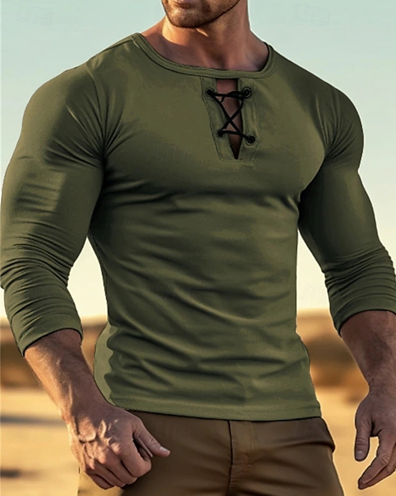 Herren T Shirt T-Shirt Langarmshirt Langarm Rundhalsausschnitt Sommer Frühling Einfach Mode Designer Basic Schnürung Urlaub Straße Ausgehen Schwarz Gelb Grün Top T-Shirt für Herren 2025 - $17.99 –P4