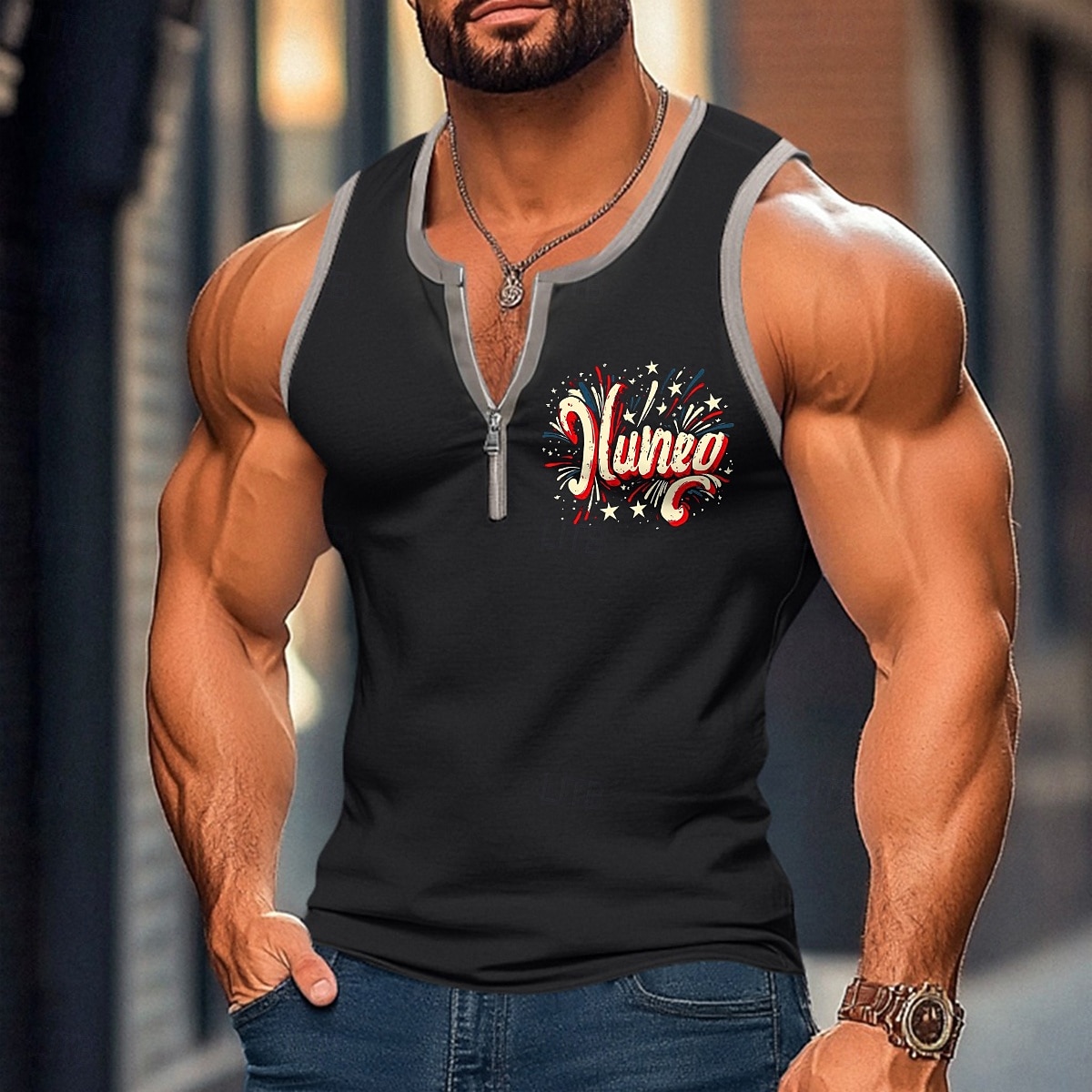 Men's Tank Top Vest Undershirt Sleeveless Shirt Sleeveless U Neck Summer Patchwork Independence Day Fashion Sporty Classic Zipper Casual Gym Street White Top Tee for Men 2026 - $15.99 –P6