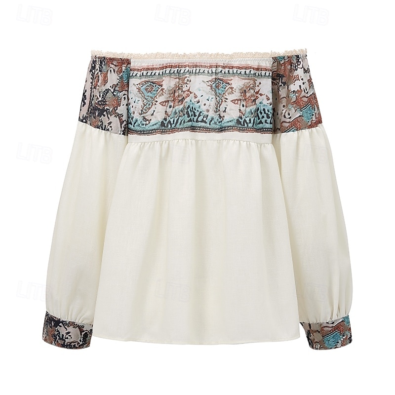 Damen Westernbluse Boho-Hemd Bluse Blume Modern Boho Langarm Schulterfrei Normale Oberteile Täglich Ausgehen Druck Aprikose Sommer 2025 - $26.99 –P2
