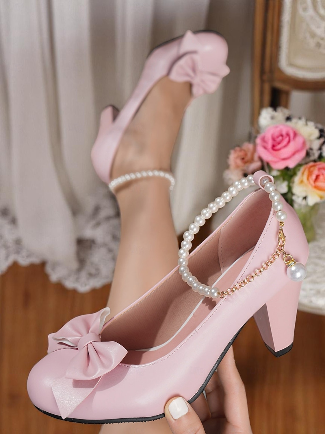 Rosa pumps med høy hæl i kunstskinn til dame – sløyfedetaljer med perle-ankelkjede, elegant stil for bryllup, fester og spesielle anledninger 2025 - $46.99 –P3