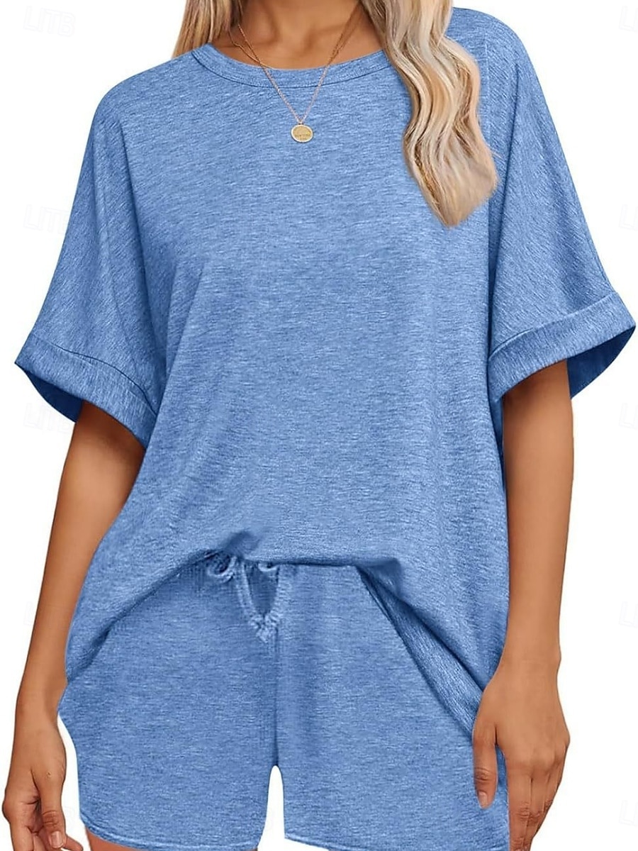 Dam Set med shorts Bolero Top Kortärmad Rund hals Ensfärgat Snörning Mode Streetwear Ledigt Dagligen Utomhus Blå Svart Brun Sommar Lös passning 2026 - $31.99 –P14