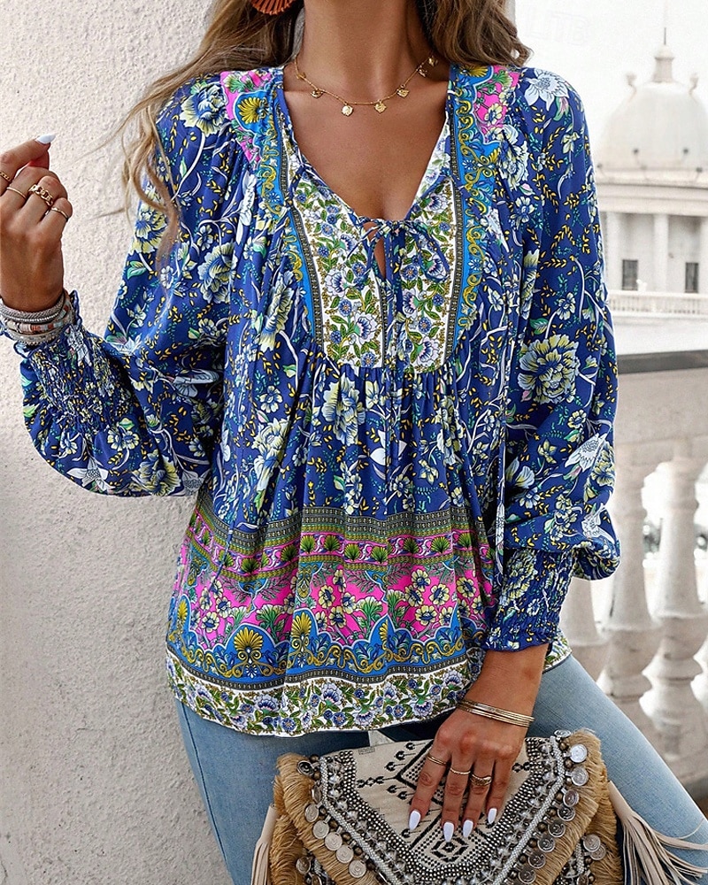 Damen Hemd Boho-Hemd Sommeroberteile Blume Täglich Stilvoll Lässig Langarm V Ausschnitt Normale Oberteile Arbeit Täglich Ferien Druck Rosa Marineblau Blau Frühling Herbst 2025 - $22.99 –P9