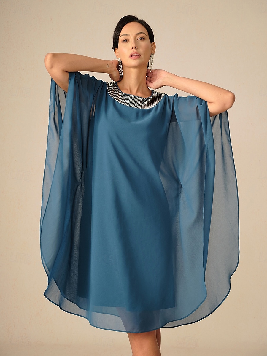 Damen Knielanges Kleid Chiffonkleid Elegant Party Einfarbig Halbarm Rundhalsausschnitt Blau Sommer Frühling Herbst 2025 - $79.99 –P6
