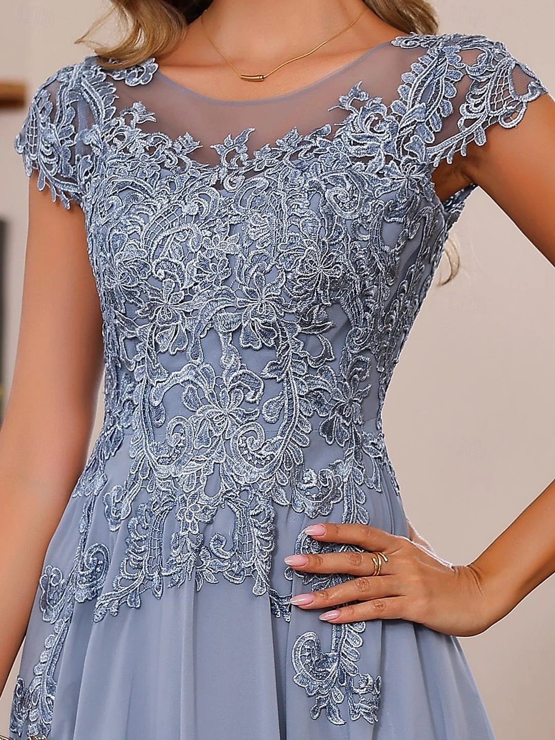 Blue Red A-Line Mother of the Bride Dress Elegant Luxurious Boat Neck Floor Length Chiffon Lace Short Sleeve with Tier Cascading Ruffles 2025 2025 - $139.99 –P3