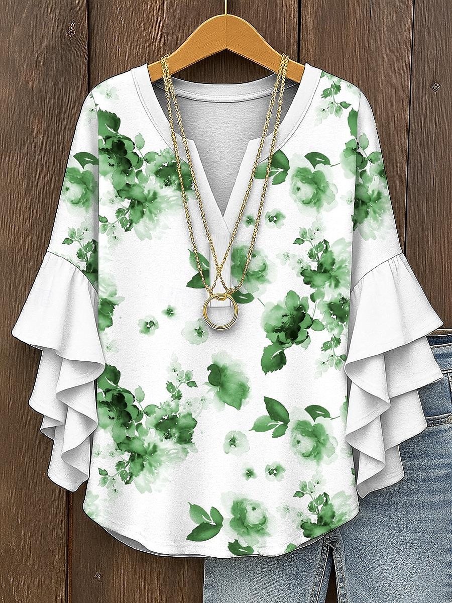 Blusa da Donna con Maniche a Ruffle a Strati Grafica Floreale Elegante Bohemia Vintage Maniche a 3/4 Collo a V Maglietta Regolare Abbigliamento Estivo Primaverile per Vacanze Stampa Gialla Rossa Blu del 2025 a $29.99 –P5
