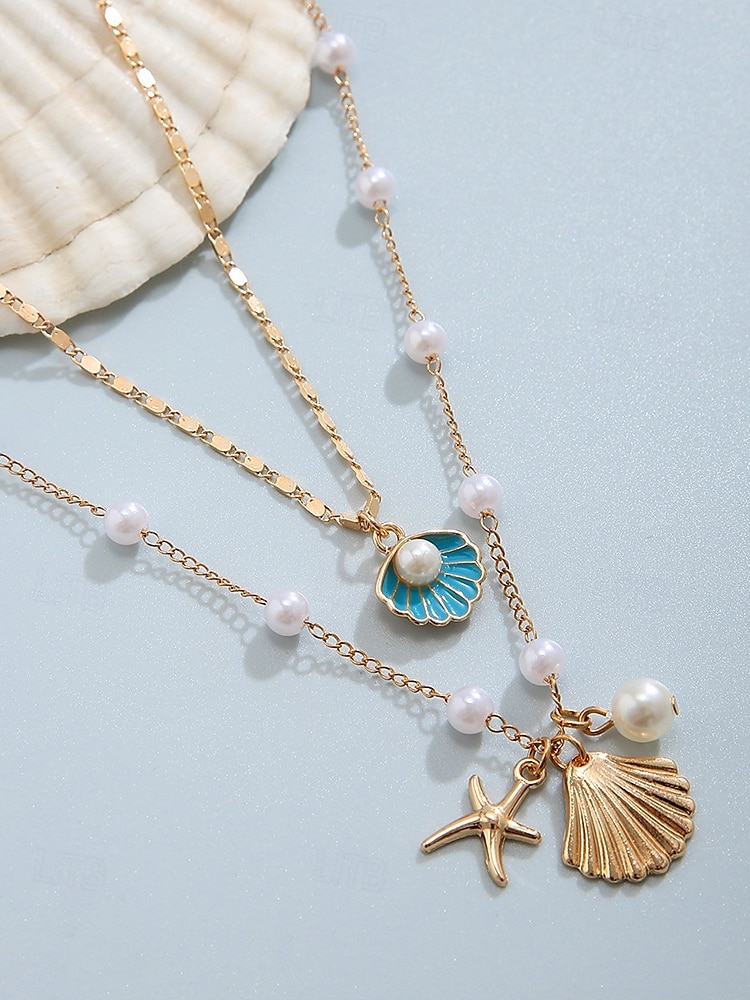 Women's Summer Beach Necklace with Pearl, Shell and Starfish Charms – Gold-Plated Layered Necklace for Vacation, Casual Outfits and Special Occasions 2025 - $11.99 –P6