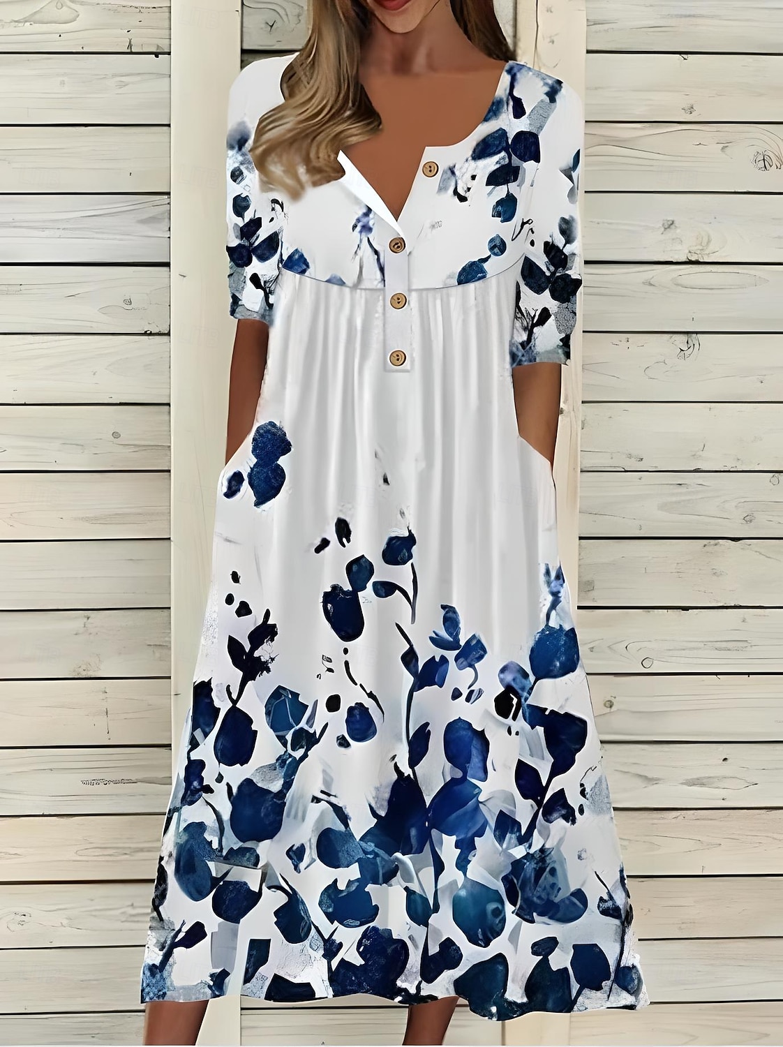 Damen Midikleid Sommerkleid Faltenkleid Urlaub Lässig Strand Ferien Normale Passform Blumen Grafik Kurzarm Rundhalsausschnitt Weiß Blau Leicht Blau Sommer 2025 - $36.99 –P2