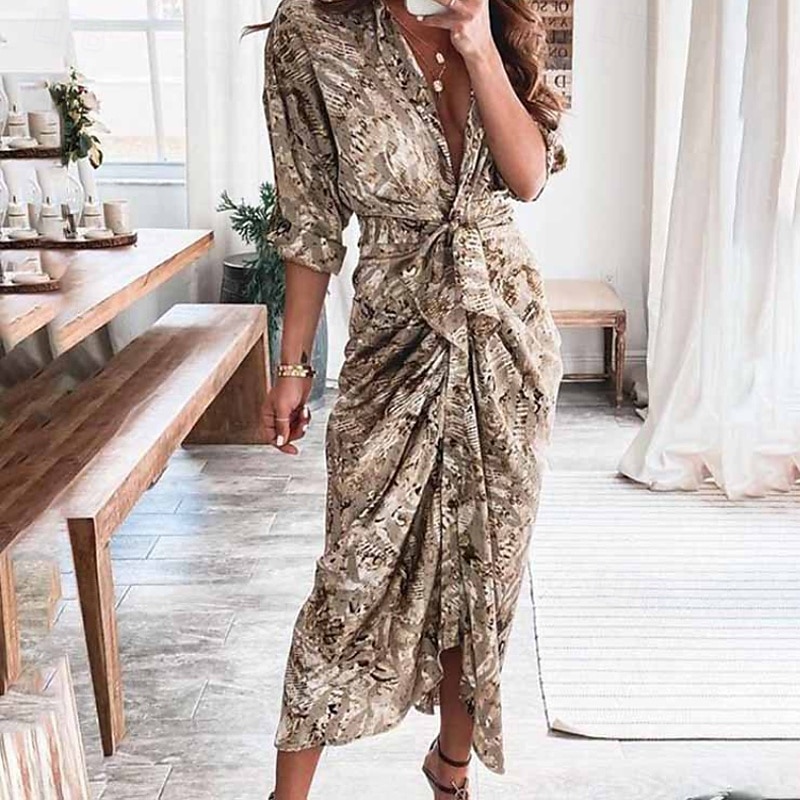 Women's Midi Dress Casual Dress Floral Dress Classic Modern Outdoor Vacation Daily Regular Fit Flower Long Sleeve V Neck Red Blue Khaki Summer 2025 - $22.99 –P1