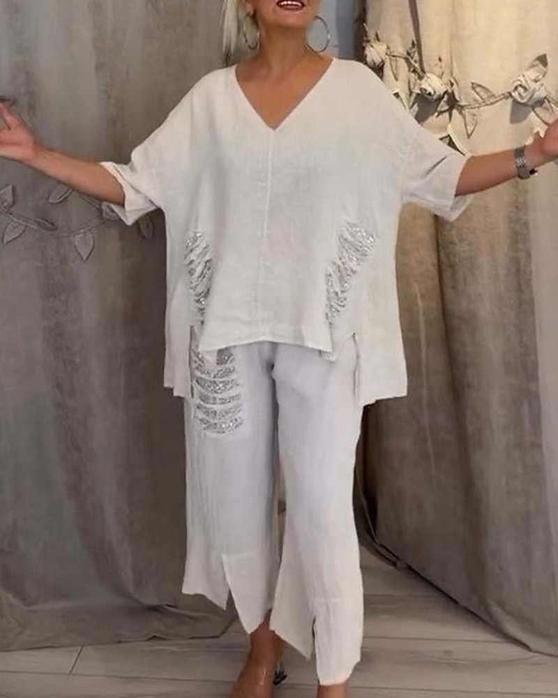 Pentru femei Activ Modă Cămăși Bumbac In Bluză Seturi de pantaloni Manșon Lung În V Culoare solidă Paiete Vacanță Casul / Zilnic Negru Alb Roșu-aprins Vară Fit regulat 2025 - $34.99 –P2