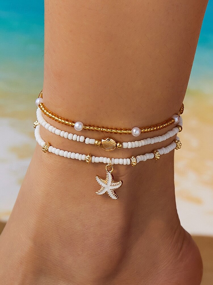 Conjunto de collar y pulsera tobillera en capas estilo playa para mujer con dijes de estrellas de mar y conchas, diseño de cuentas doradas y blancas, adecuado para vacaciones de verano, estilo casual y bohemio. 2025 - $9.99 –P4
