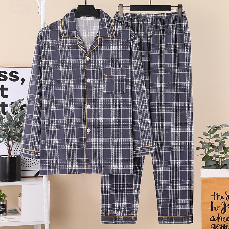 Voor heren Nachtkleding Pyjamaset Pyjamatop en broek 1 set Ruitjes Modieus Stijlvol Klassiek Huis Dagelijks Bed Polyester Comfort Zacht Revers Lange mouw Cardigan Pantalon Elastische taille Lente 2025 - $18.99 –P2