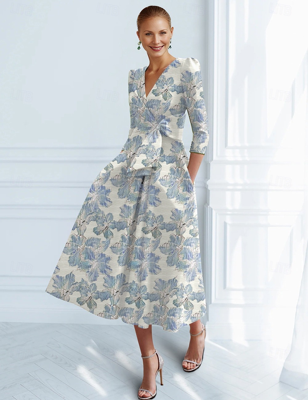 Sukienki koktajlowe Jacquard Brokatowy w kształcie litery A Elegancka sukienka formalna weselna do kostek Krótki rękaw Z dekoltem w serek Nylon z kokardą(ami) Kieszonka Sukienka dla gościa weselnego 2025 - $139.99 –P1