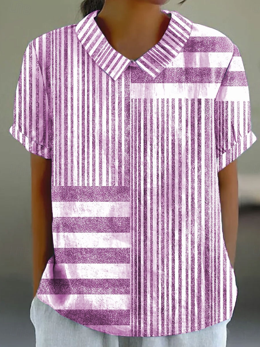 Damen Bluse Grafik Gestreift Vintage Stilvoll Lässig Kurzarm Hemdkragen Normale Oberteile Arbeit Täglich Druck Blau Purpur Grau Sommer Frühling 2025 - $23.99 –P2
