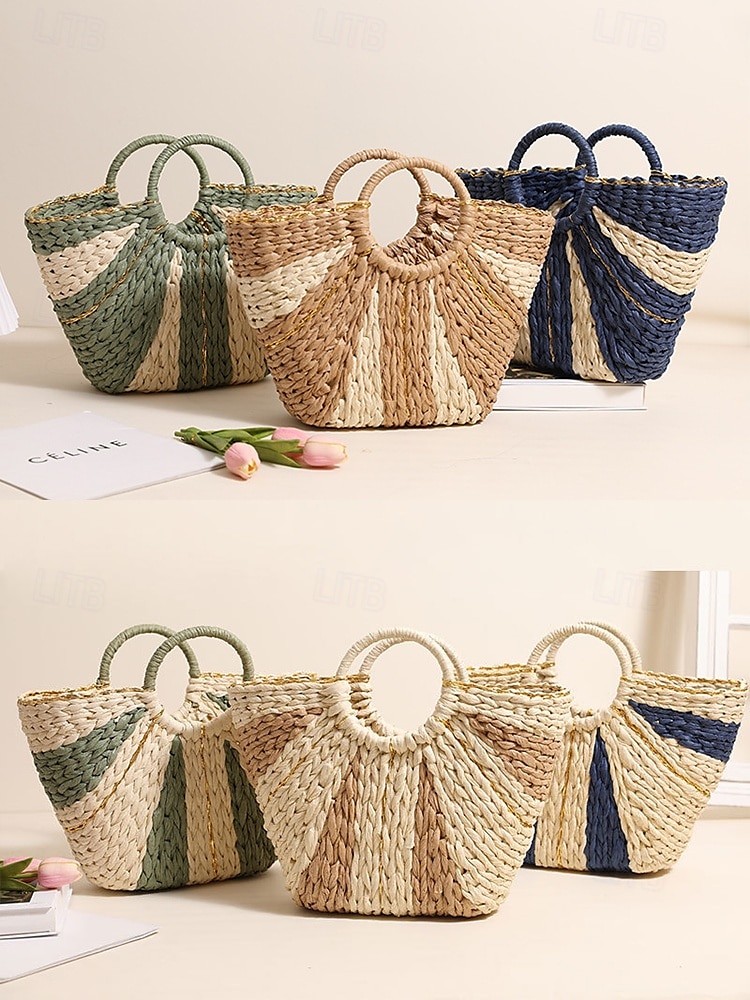 Sac de plage élégant en paille tressée pour femme avec poignées circulaires, grande capacité, design bohème écologique, parfait pour l'été, les vacances et les excursions d'une journée de 2025 ? $26.99 –P4