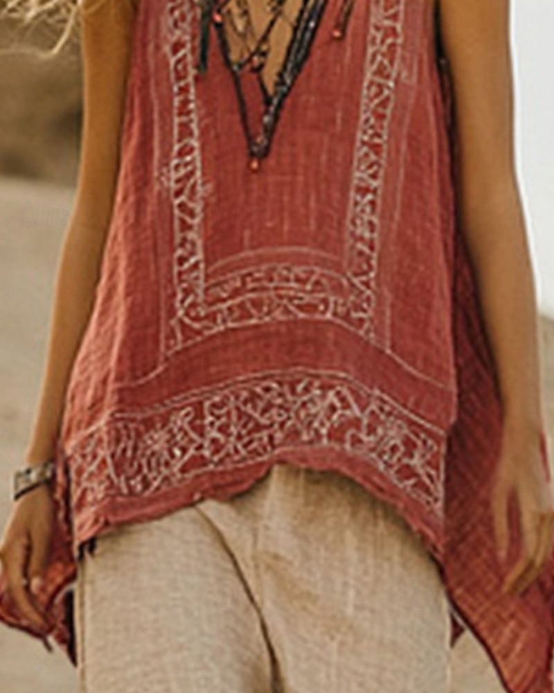 Pentru femei Cămăși Bumbac In Cămașă Boho Seturi inspirate de in Bluză Floare Modern Boho Fără manșon În V Topuri obișnuite Zilnic Concediu Imprimeu Portocaliu Vară 2025 - $23.99 –P3