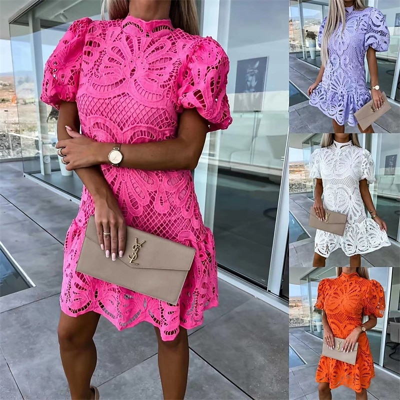 Damskie Sukienka mini Sukienki z bawełny i lnu Codzienne sukienki Moda Na zewnątrz Impreza Święto Regularny Równina Krótki rękaw Golf Biały Fioletowy Czerwona róża Lato 2025 - $29.99 –P1