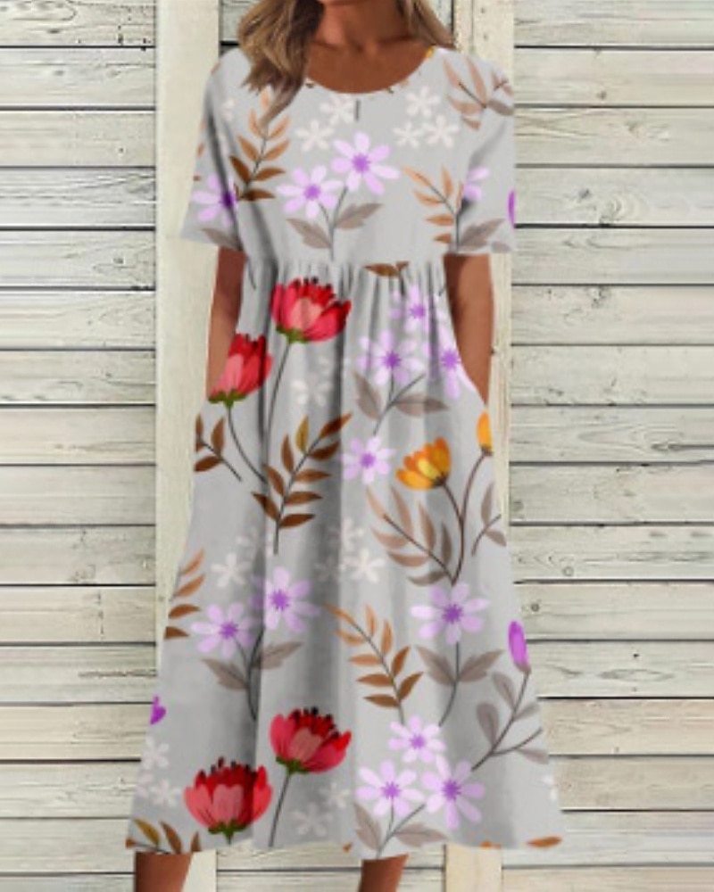 Damen Midikleid Freizeitkleid Blumenkleid Klassisch Modern Urlaub Täglich Ausgehen Normale Passform Blume Kurzarm Rundhalsausschnitt Purpur Grau Sommer 2025 - $22.99 –P3