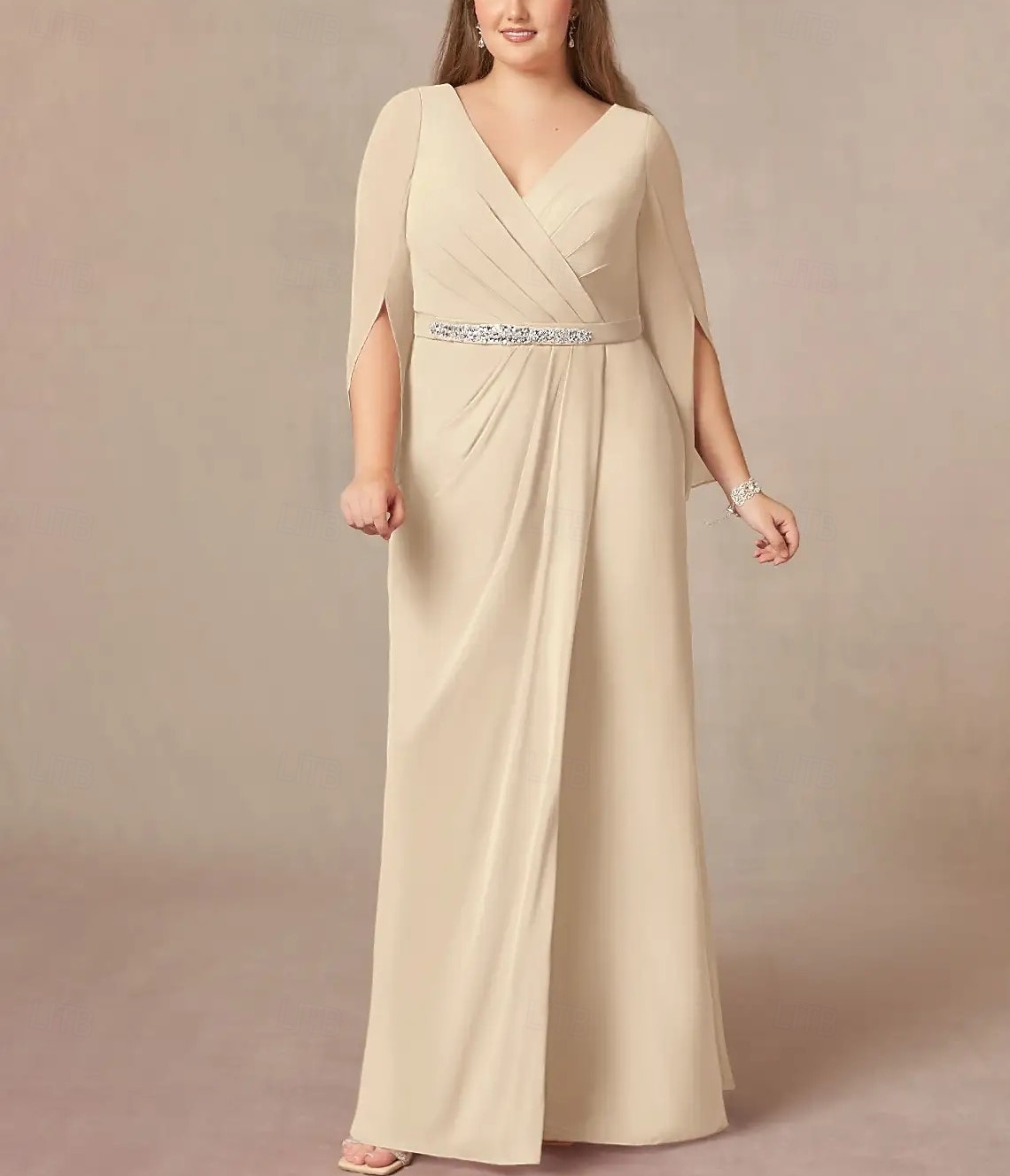 A-Linie Brautmutterkleid Hochzeitsgast Elegant V Ausschnitt Bodenlang Chiffon Spitze Langarm mit Falten Perlenstickerei Raffung 2025 2025 - $164.99 –P3