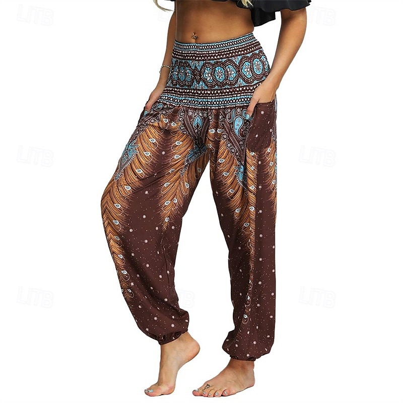 Retro Antiguo Boho Años 70 Pantalones Harem Pantalones de yoga Hippie Cintura elástica Pavo real Plumas Mujer Víspera de Todos los Santos Carnaval vacaciones en la playa Fiesta temática retro Festival 2025 - $27.99 –P6