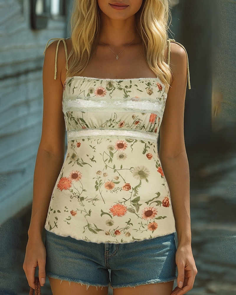 Dame Boho skjorte Bluse Blomsternål i krystall Moderne Bohem Ermeløs Med stropper Vanlige topper Daglig Ferie Trykt mønster Aprikos Sommer 2025 - $18.49 –P1