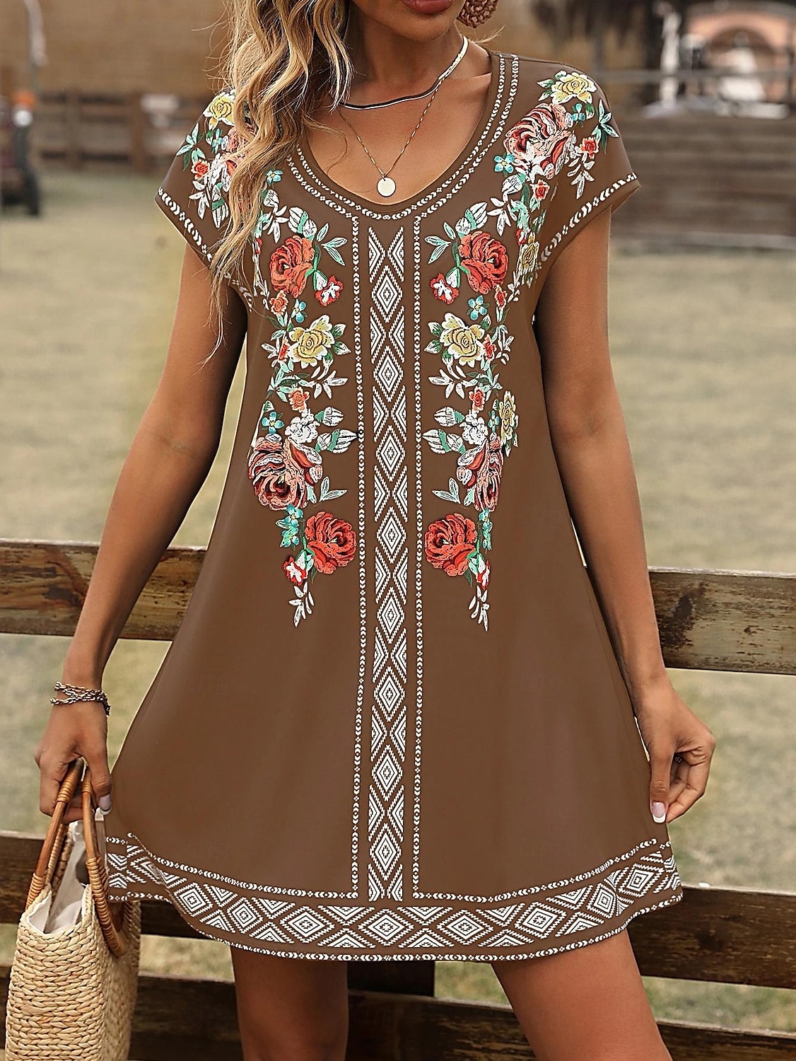 Pentru femei Rochie Mini Rochii Tricou Rochie de Vară Rochie de vară Vacanță Casual Boho Zilnic Ieșire Fit regulat Floral Grafic Manșon scurt În V Negru Roșu Vin Albastru piscină Maro Vară 2025 - $23.99 –P7