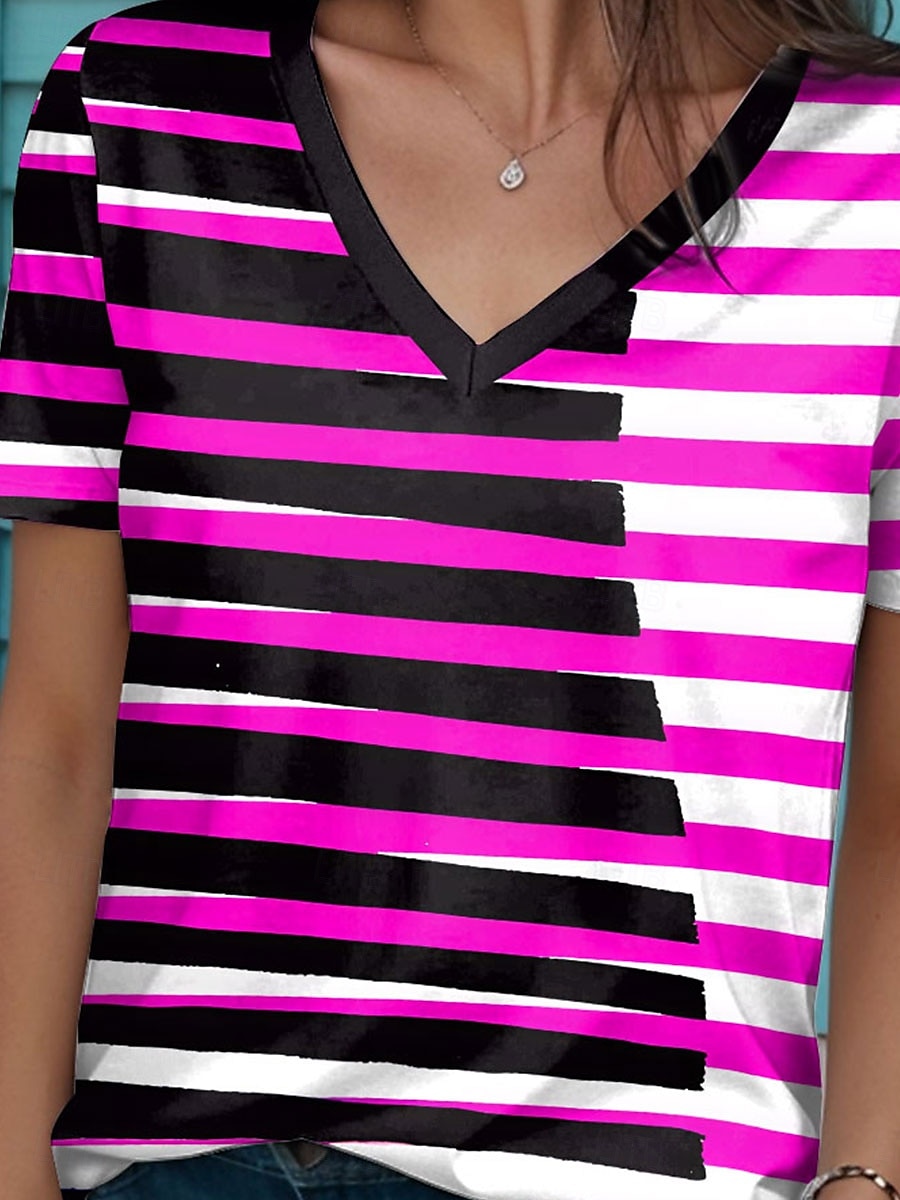Pentru femei Tricou Grafic Geometric Epocă Stilat Modern Manșon scurt În V Topuri obișnuite Zilnic Imprimeu Fucsia Vară Primăvară 2025 - $19.99 –P3