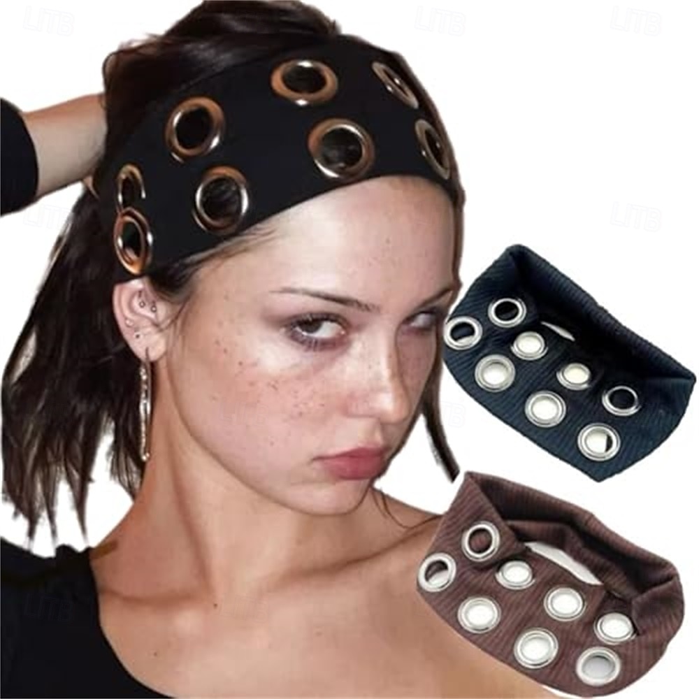 Faixa de cabelo elástica com ilhós vazados para mulheres, estilo punk grunge, faixa de cabelo larga, acessório casual elástico para cabelo de 2025 por $13.99 –P8
