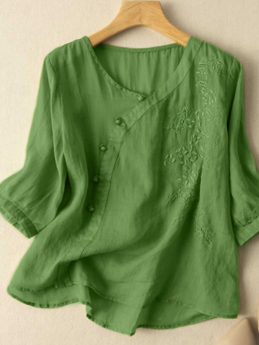Dame Skjorte Bluse Skjorter i bomullslin Helfarge Stilfull Fritid 3/4 ermer Crew-hals Vanlige topper Daglig Broderi Knapper Gul Rød Lilla Grønn Sommer Vår 2025 - $27.99 –P8