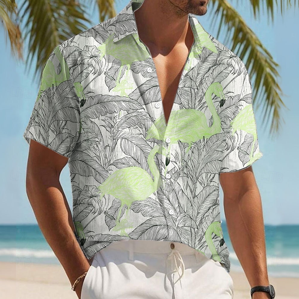 Herren Flamingo Vogel Palmblatt Hemd Sommer Hawaiihemd Knopfhemd Kurzarm Hawaiianisch Resort Urlaub Ferien Strandbekleidung Sommer Frühling Umlegekragen 3D-Druck Hemden mit Kragen Rosa Blau Grün 2025 - $23.99 –P3