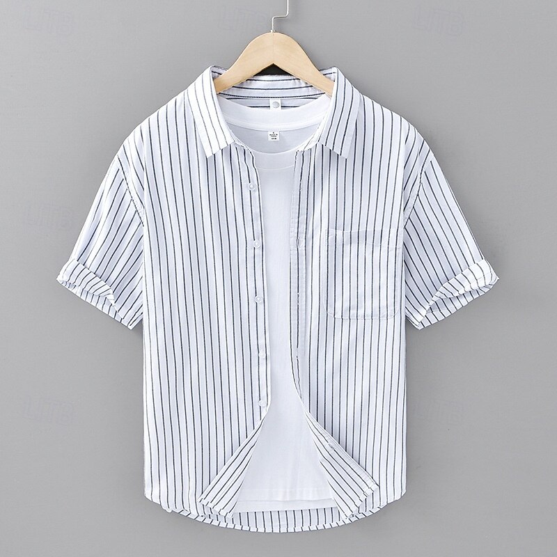 Voor heren Overhemd Zomer overhemd Normaal shirt Strand hemd Overhemd met knopen Wit blauw Groen Grijs Korte mouw Gestreept Revers Vakantie Hawaii Zak Kleding 100% katoen Modieus Casual Comfortabel 2025 - $33.99 –P3