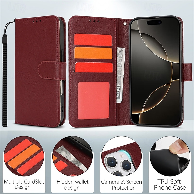 Flip Phone Case with Lanyard for iPhone 16/15/14/13/12 Pro Max/Plus – Shockproof Retro Cover, TPU+PC+PU Leather 2025 - $19.99 –P6
