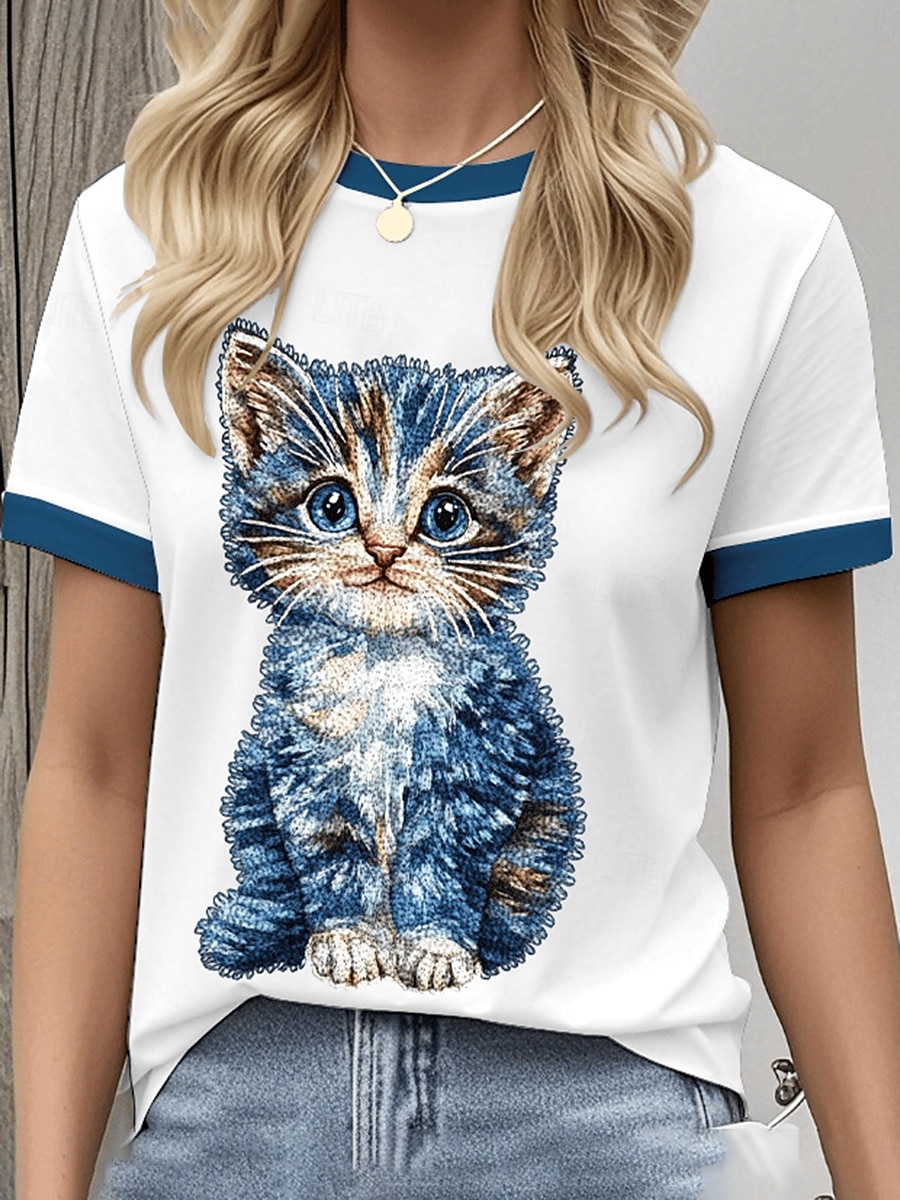Per donna Maglietta Grafico Animale Gatto Vintage Elegante Classico Manica Corta Girocollo Top Regolari Quotidiano Weekend Stampato Nero Bianco Blu Grigio Estate Primavera del 2025 a $19.99 –P1
