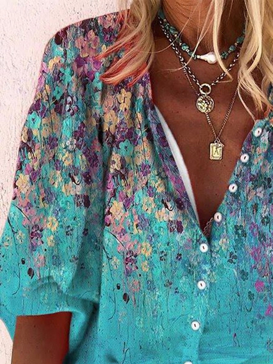 Dames Blouse Ombre Bloemig Grafisch Bohemen Dagelijks Casual 3/4 mouw Hoge nek Normale tops Knop Afdrukken Marineblauw Hemelsblauw Zomer Lente 2025 - $34.99 –P2