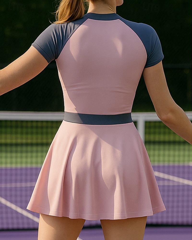 Damskie Niejednolita całość Sukienka do tenisa Krótki rękaw Pofałdowany Zamek Oprawa kontrastowa Oddychający Bransoletka tenisowa Pikle Okrągły dekolt Sukienka Czarny Różowy Królewski błękit Odzie 2026 - $36.99 –P2