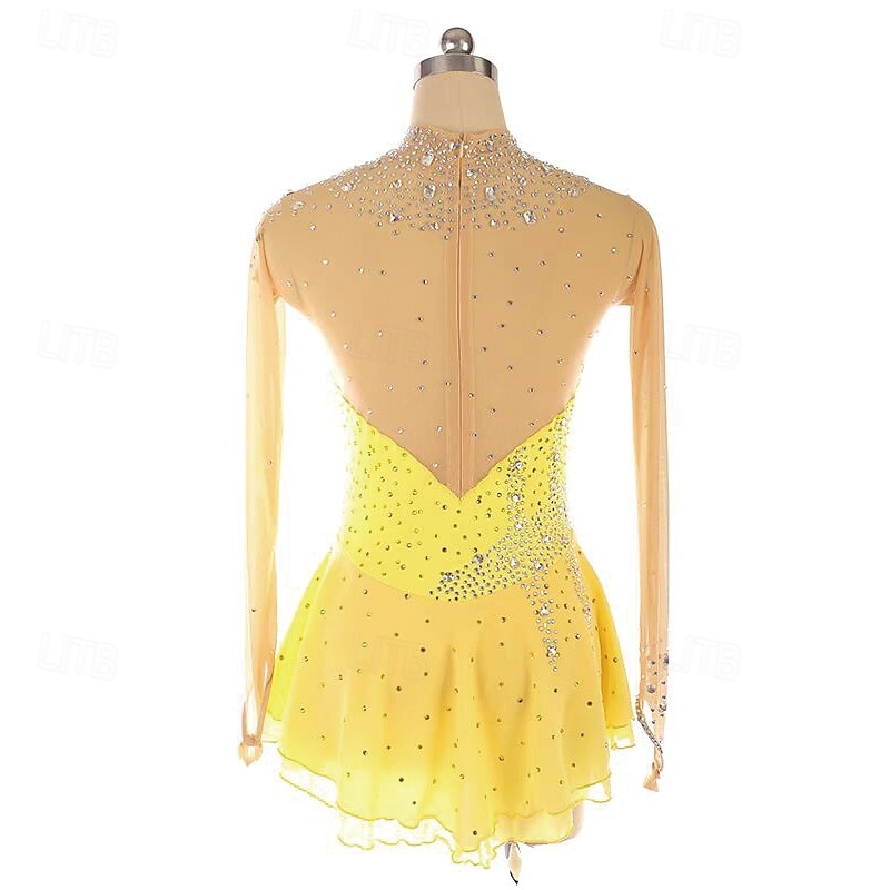 Figure Skating Dress Women's Girls' Ice Skating Dress Yellow Patchwork Thumbhole Mesh Spandex Stretchy Training Practice Professional Skating Wear Thermal Warm Crystal / Rhinestone Long Sleeve Ice 2025 - $166.99 –P2