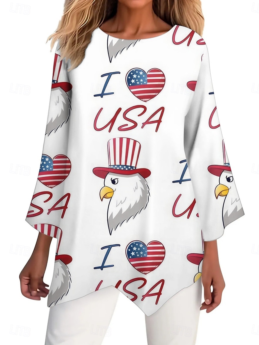 Cămașă Patrotică pentru Femei Steag Stilat Casual Mâneci de 3/4 Guler Crew Topuri Regulate Zilnice Imprimat Alb Roșu Albastru Marin Albastru Vară Primăvară 2025 - $17.99 –P1