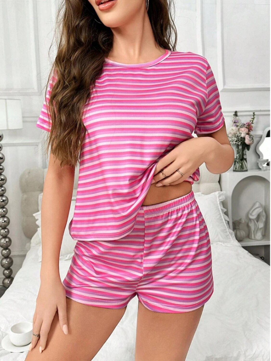 Women's Pajamas Loungewear Pajama Set Pajama Shorts Simple Casual Comfort Stripe Seamless Pullover Shorts Home Daily Short Sleeve Crew Neck Pink Summer Loose Fit 2025 - $19.99 –P6