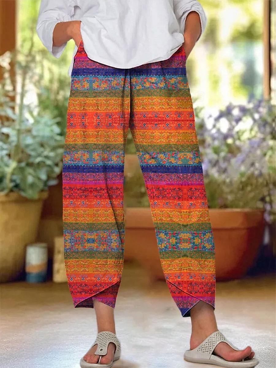 Dame kinesisk Posete bukser Strandshorts Ferie Årgang Etnisk stil Ankel-lengde Høy Midje Blomstret Grafisk Lapper Snorer Printer Hold Varm Pustende Myk Mikroelastisk Formell Feriereise Gate Hvit Rosa 2025 - $20.99 –P4