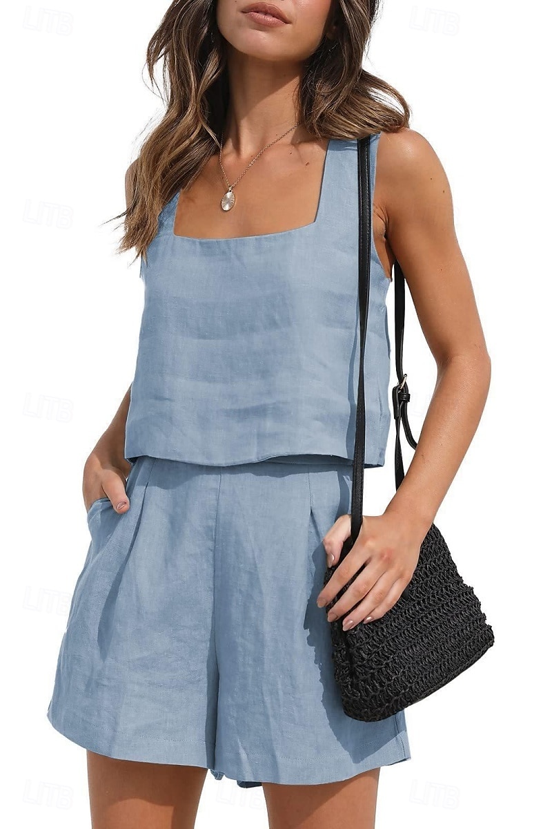 Femmes Actif Basique Ensembles en coton et lin Sans manches Col carré Couleur Unie Décontracté Quotidien Noir Rose Claire Vert Véronèse Été Coupe régulière de 2025 ? $25.99 –P12