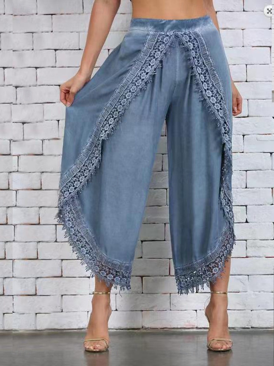 Per donna Gamba larga Chinos Vacanza Vintage Essenziale Lunghezza intera Vita Alta Semplice Pizzo Fascia Elastica Comodo Morbido Confortevole Micro-elastico All'aperto Vacanza Streetwear Nero Bianco del 2025 a $24.99 –P1
