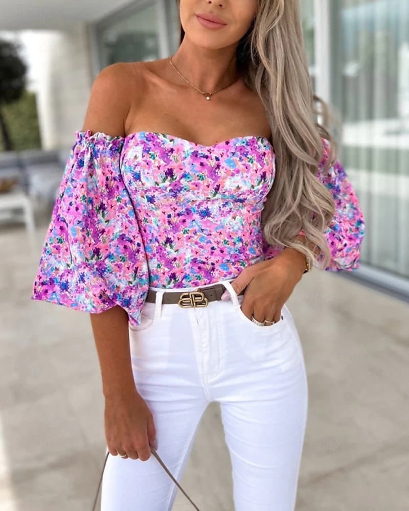 Damen Boho-Hemd Bluse Blume Modern Boho Langarm Schulterfrei Normale Oberteile Täglich Ausgehen Druck Erröten Sie Rosa Rosa Wein Rote Purpur Sommer 2025 - $21.99 –P6