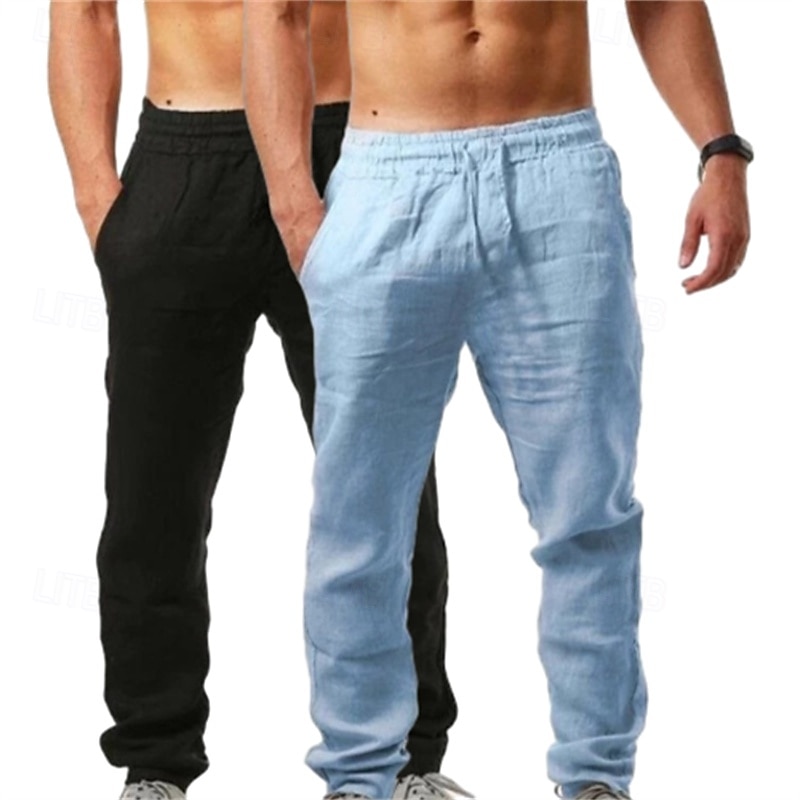 Pacote com 2 calças de linho masculinas, calças de verão, calças largas, calças de praia, cordão, cintura elástica, lisas, confortáveis, respiráveis, comprimento total, uso ao ar livre, diário, moda de férias, estilo clássico, branco + azul celeste de 2025 por $29.99 –P8