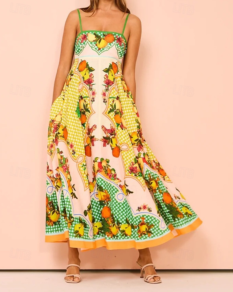 Per donna Abito Lungo Maxi Abito Abiti in cotone e lino Vestito Casual Abito Sottoveste Moda All'aperto Feste Ferie Vestibilità regolare Frutta Senza Maniche Spalline sottili Giallo Estate del 2025 a $38.99 –P2