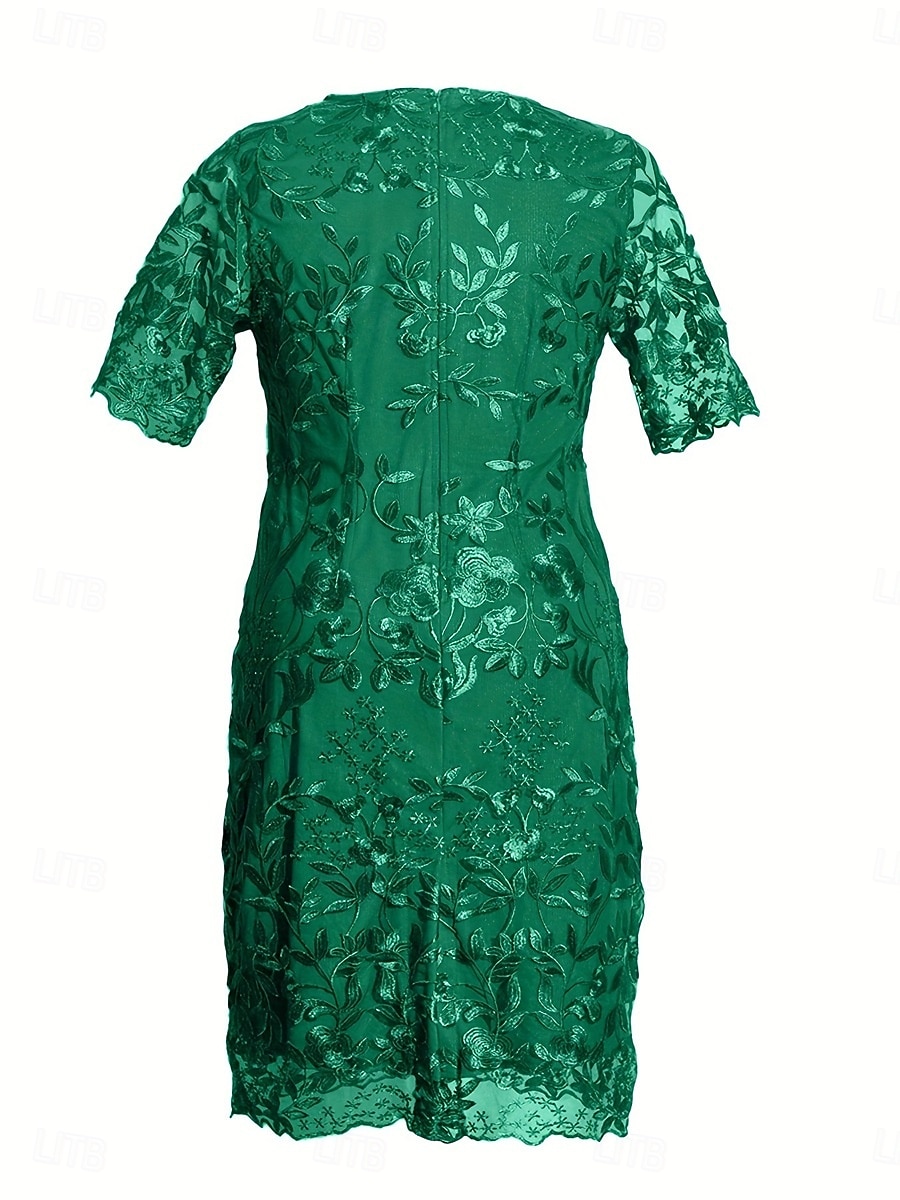 Plus Size Dress Mother of the Bride Curve Dress Elegant Crew Neck Tea Length Lace Short Sleeve with Solid Color 2025 - $49.99 –P11